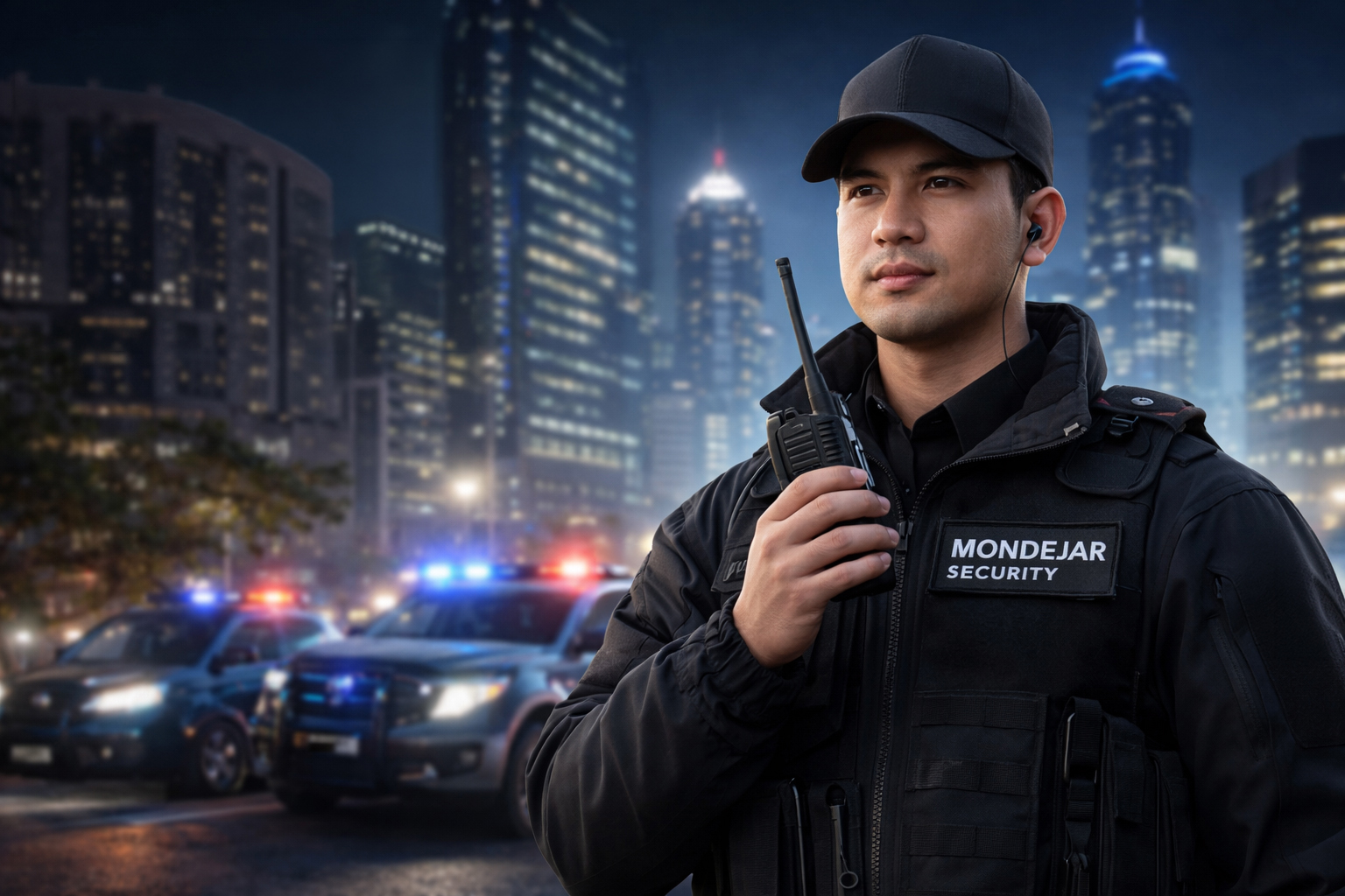 Professional security officer in an urban setting