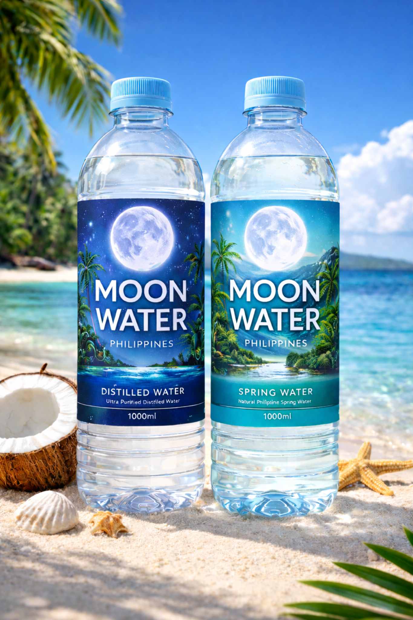 Moon Water bottled distilled and spring water on a tropical beach